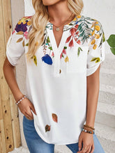 EMERY ROSE Ladies' Notch V-Neck Flower Printed Short Sleeve Shirt, Summer